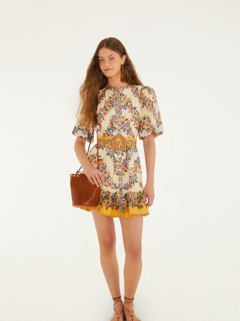 FARM Rio Cream Floral Puff-Sleeve Mini Dress with Yellow Trim